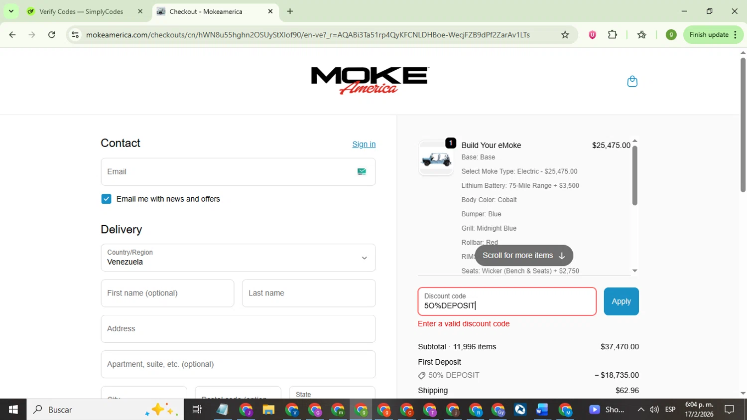 Moke America promo code screenshot showing code 5O%DEPOSIT applied at Moke America checkout page. Uploaded by SimplyCodes community member ValiantMaestro6680 on Feb 17, 2026