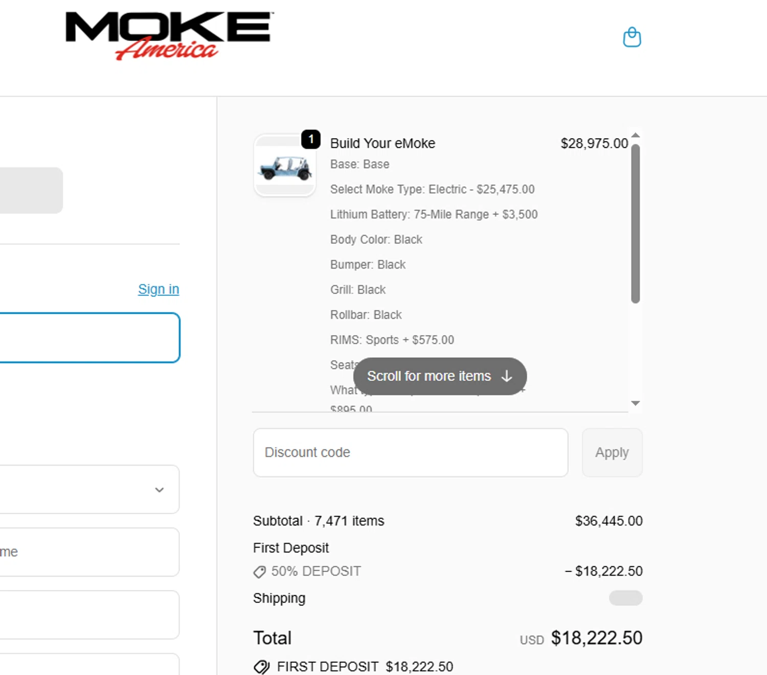 Moke America promo code screenshot showing code 50%DEPOSIT applied at Moke America checkout page. Uploaded by SimplyCodes community member Loki_Odinson on May 12, 2026