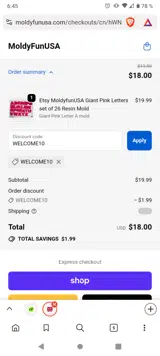 WELCOME10 coupon verification screenshot