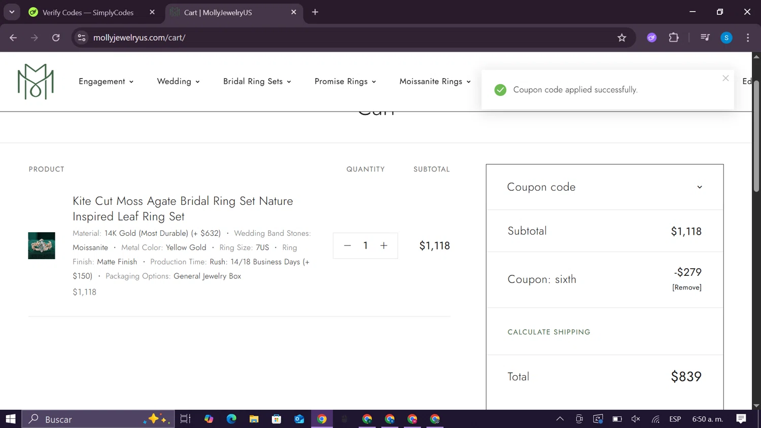 MollyJewelryUS coupon code screenshot showing code SIXTH applied at MollyJewelryUS checkout page. Uploaded by SimplyCodes community member CodeExpert981 on Sep 24, 2025