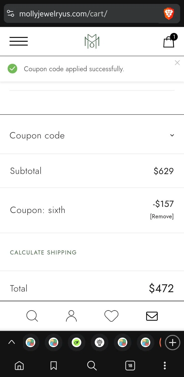 MollyJewelryUS coupon code screenshot showing code SIXTH applied at MollyJewelryUS checkout page. Uploaded by SimplyCodes community member GoldLynx7797 on Sep 24, 2025