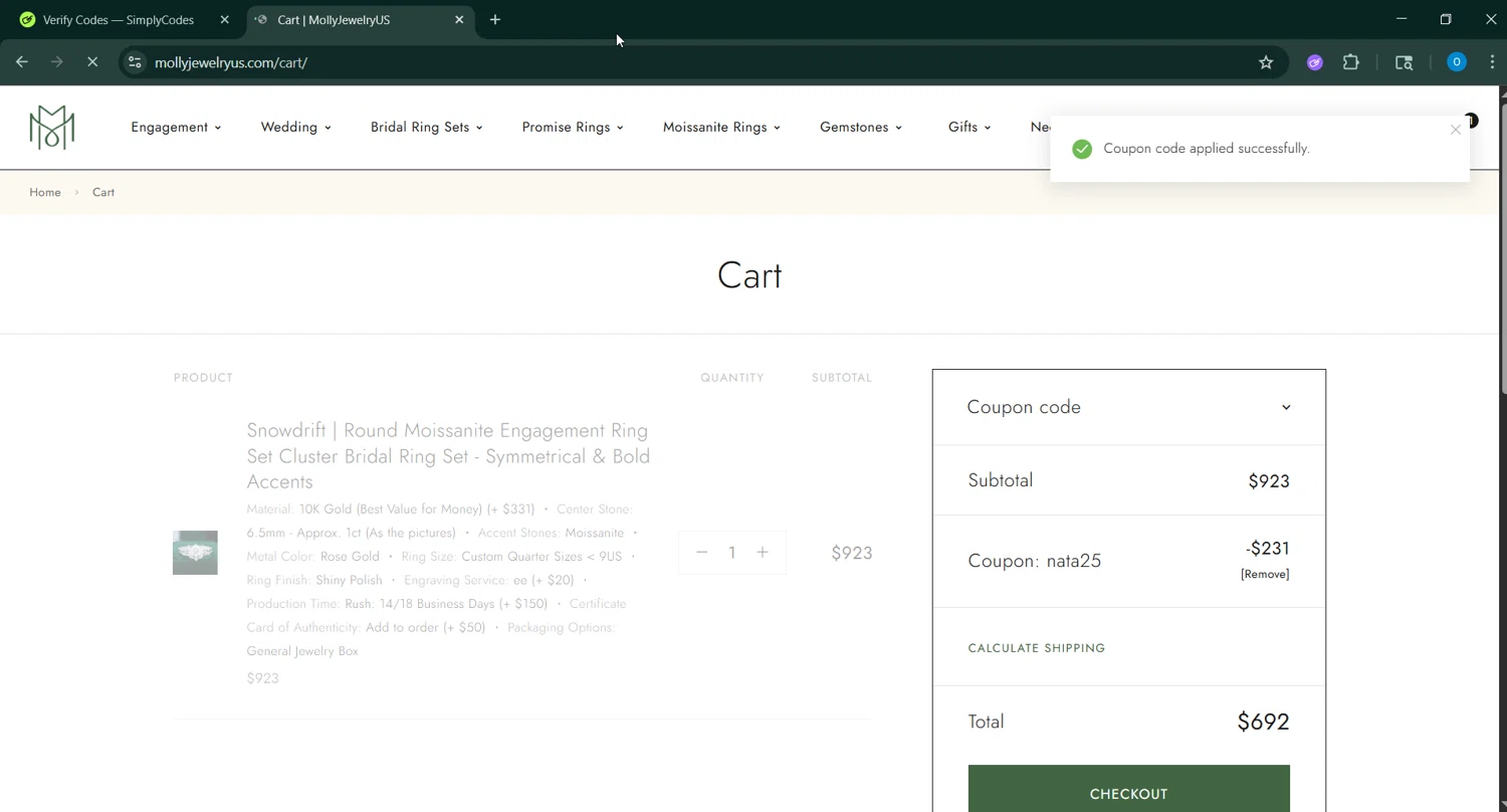 MollyJewelryUS coupon code screenshot showing code NATA25 applied at MollyJewelryUS checkout page. Uploaded by SimplyCodes community member _____________ on Oct 7, 2025