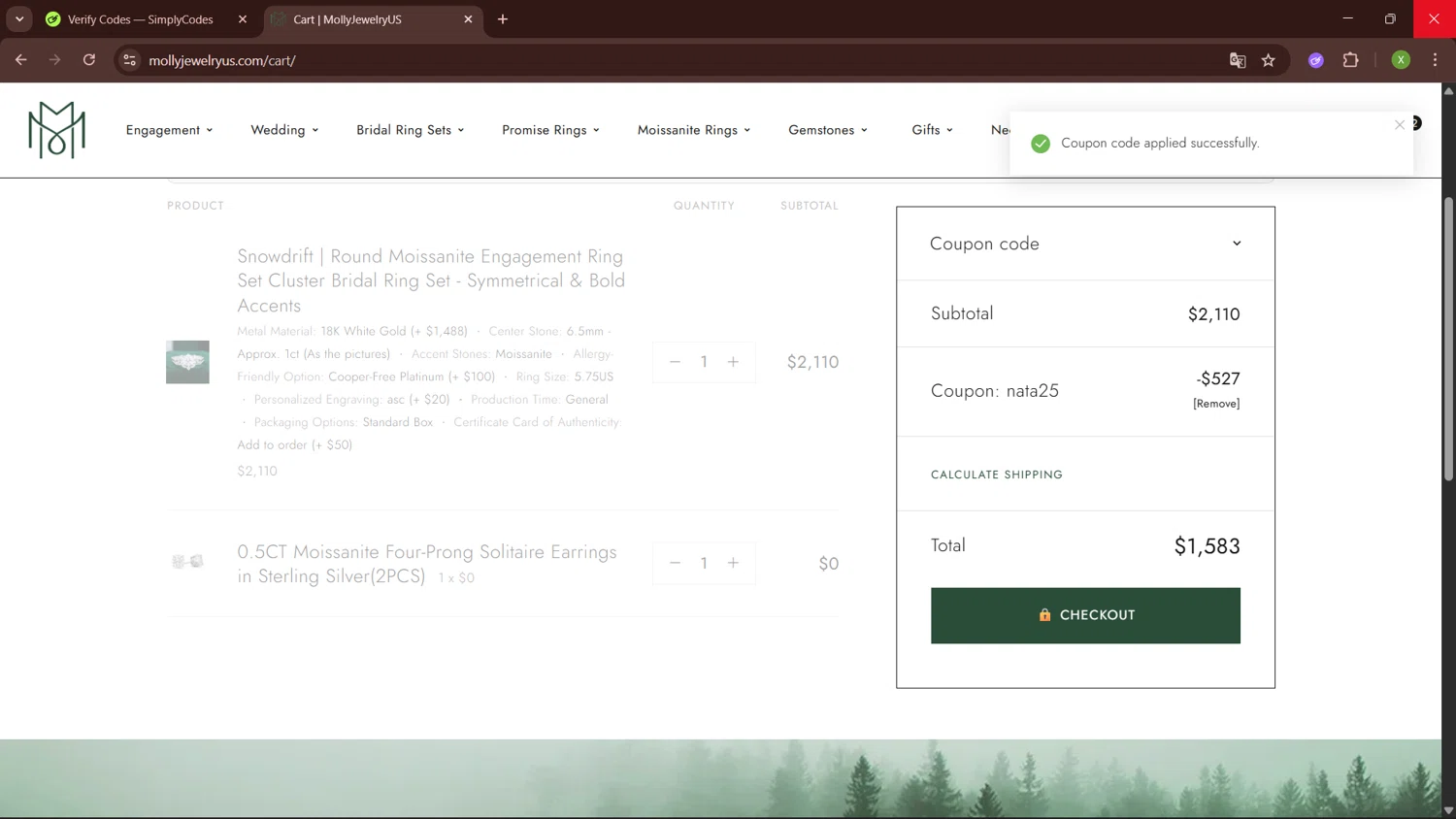 MollyJewelryUS checkout page showing MollyJewelryUS coupon code box | Screenshot taken by SimplyCodes community member on Jan 29, 2026