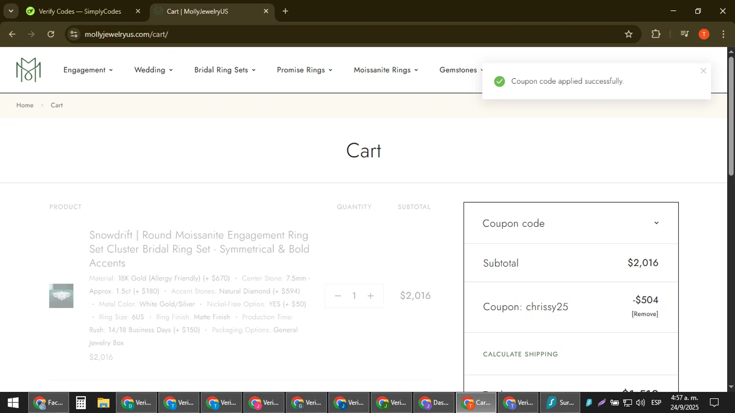 MollyJewelryUS coupon code screenshot showing code CHRISSY25 applied at MollyJewelryUS checkout page. Uploaded by SimplyCodes community member ShrewdAce8338 on Sep 24, 2025