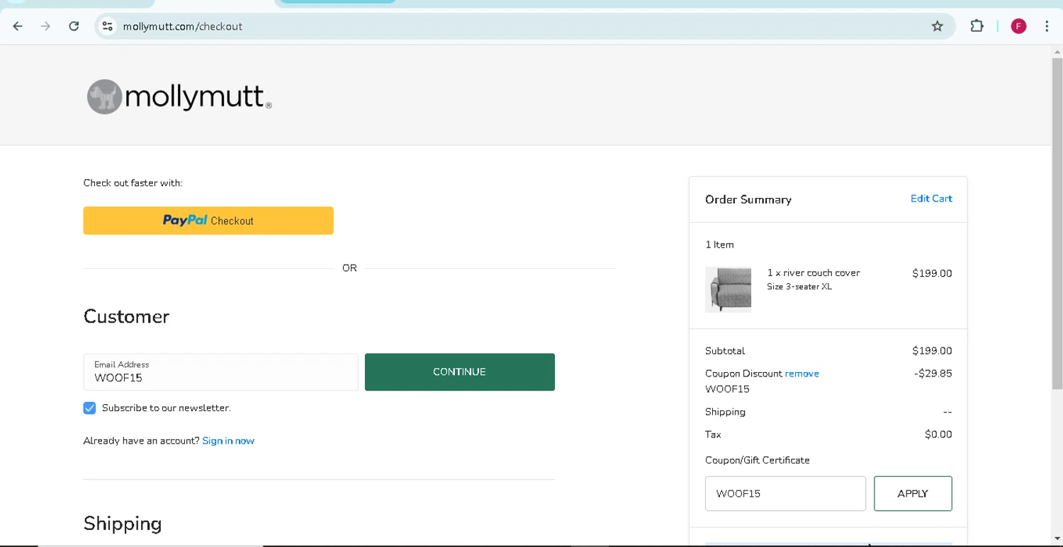 Molly Mutt promo code screenshot showing code WOOF15 applied at Molly Mutt checkout page. Uploaded by SimplyCodes community member TokenMonarch796 on Jan 16, 2025