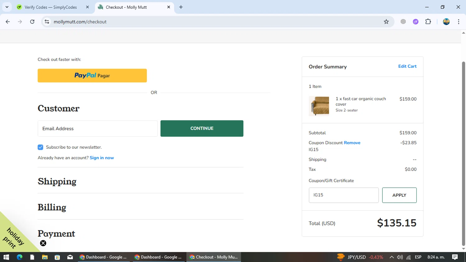 Molly Mutt promo code screenshot showing code IG15 applied at Molly Mutt checkout page. Uploaded by SimplyCodes community member EpicTracker8800 on Nov 10, 2025