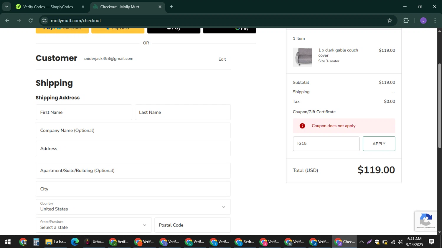 Molly Mutt promo code screenshot showing code IG15 applied at Molly Mutt checkout page. Uploaded by SimplyCodes community member sniderjack453 on Sep 14, 2025