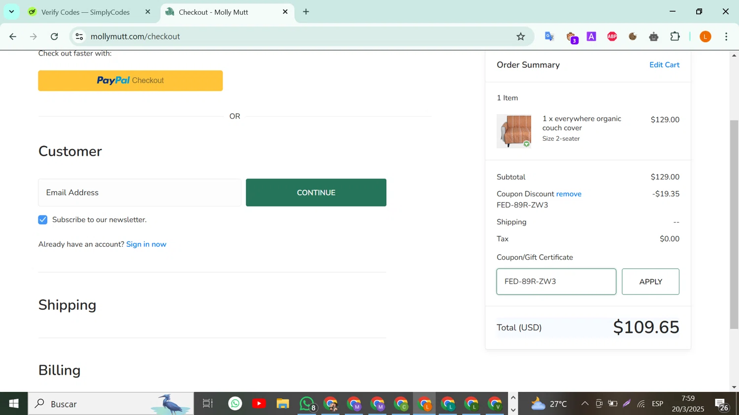 Molly Mutt promo code screenshot showing code FED-89R-ZW3 applied at Molly Mutt checkout page. Uploaded by SimplyCodes community member RebateLegend8934 on Mar 20, 2025