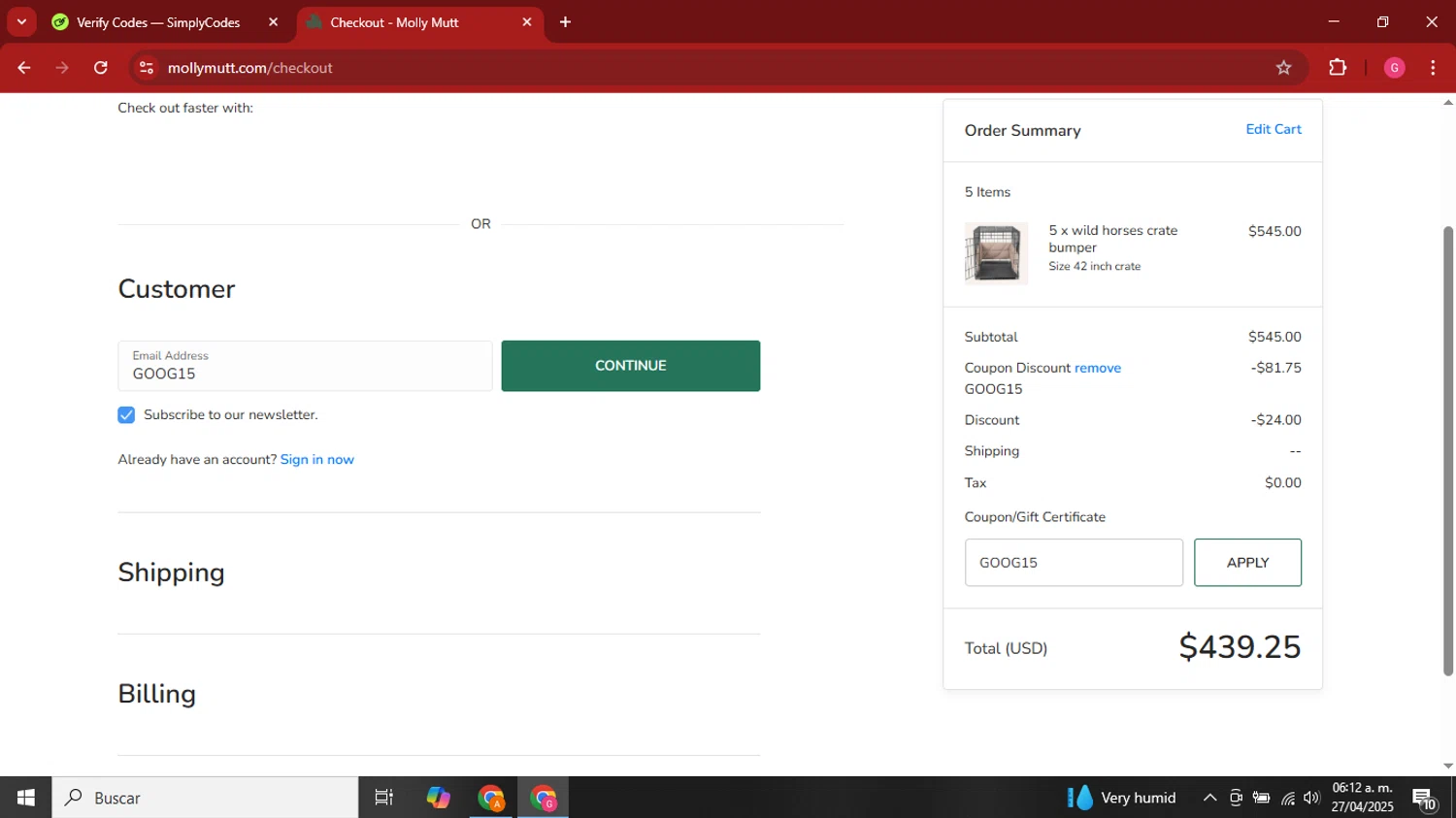 Molly Mutt promo code screenshot showing code GOOG15 applied at Molly Mutt checkout page. Uploaded by SimplyCodes community member GGGilbert on Apr 27, 2025