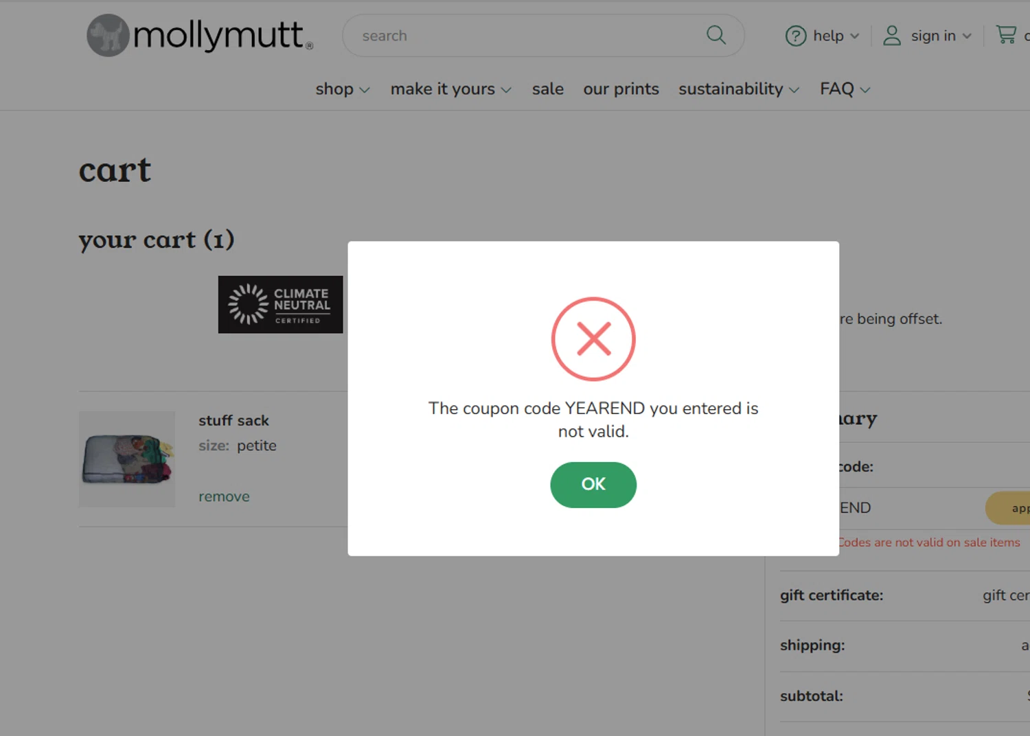 Molly Mutt promo code screenshot showing code YEAREND applied at Molly Mutt checkout page. Uploaded by SimplyCodes community member Garengod on Feb 22, 2025