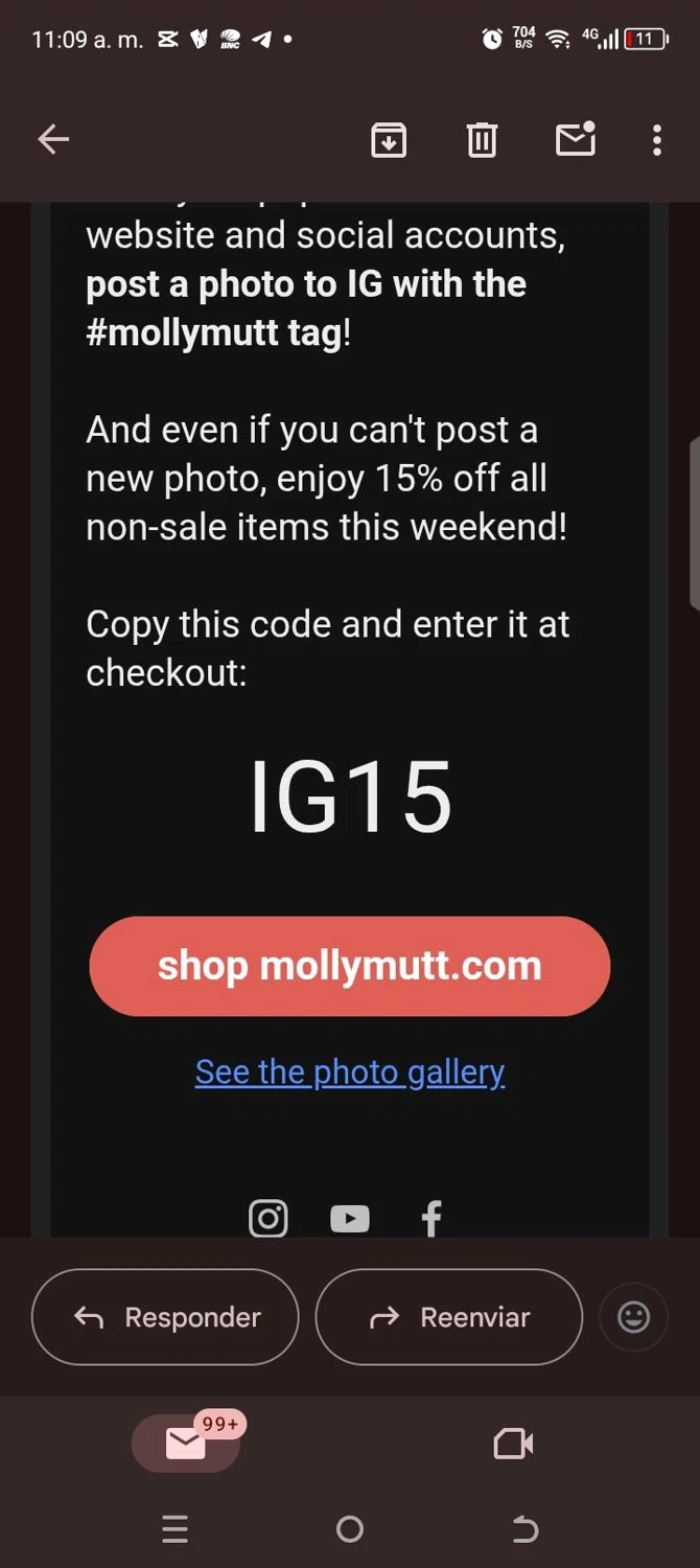 Molly Mutt promo code screenshot showing code Ig15 applied at Molly Mutt checkout page. Uploaded by SimplyCodes community member kellymoreno on Aug 16, 2025