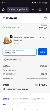 COMEBACK coupon verification screenshot