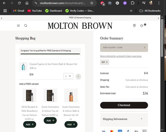 Molton Brown checkout page showing Molton Brown promo code box | Screenshot taken by SimplyCodes community member on Aug 25, 2025