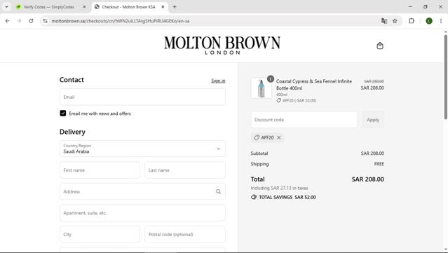Molton Brown checkout page showing Molton Brown promo code box | Screenshot taken by SimplyCodes community member on Sep 13, 2025