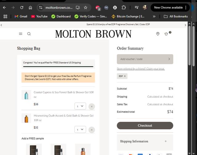 Molton Brown checkout page showing Molton Brown promo code box | Screenshot taken by SimplyCodes community member on Sep 5, 2025
