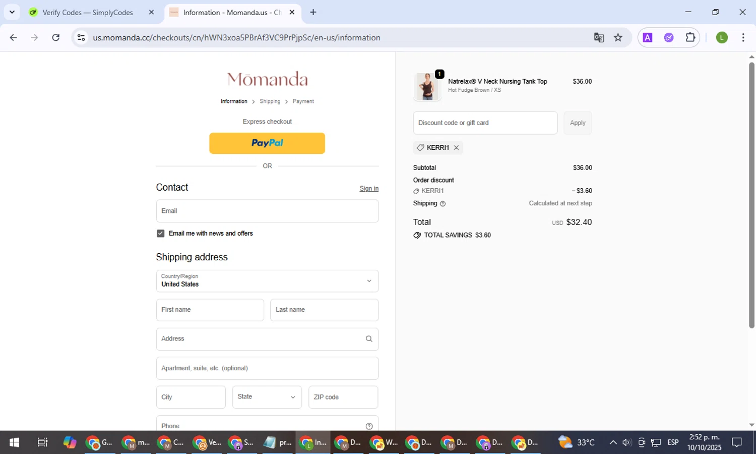 Momanda discount code screenshot showing code Kerri1 applied at Momanda checkout page. Uploaded by SimplyCodes community member BargainEagle9039 on Oct 10, 2025