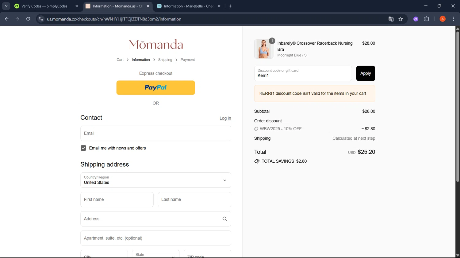 Momanda discount code screenshot showing code Kerri1 applied at Momanda checkout page. Uploaded by SimplyCodes community member GoldChaser2970 on Aug 8, 2025