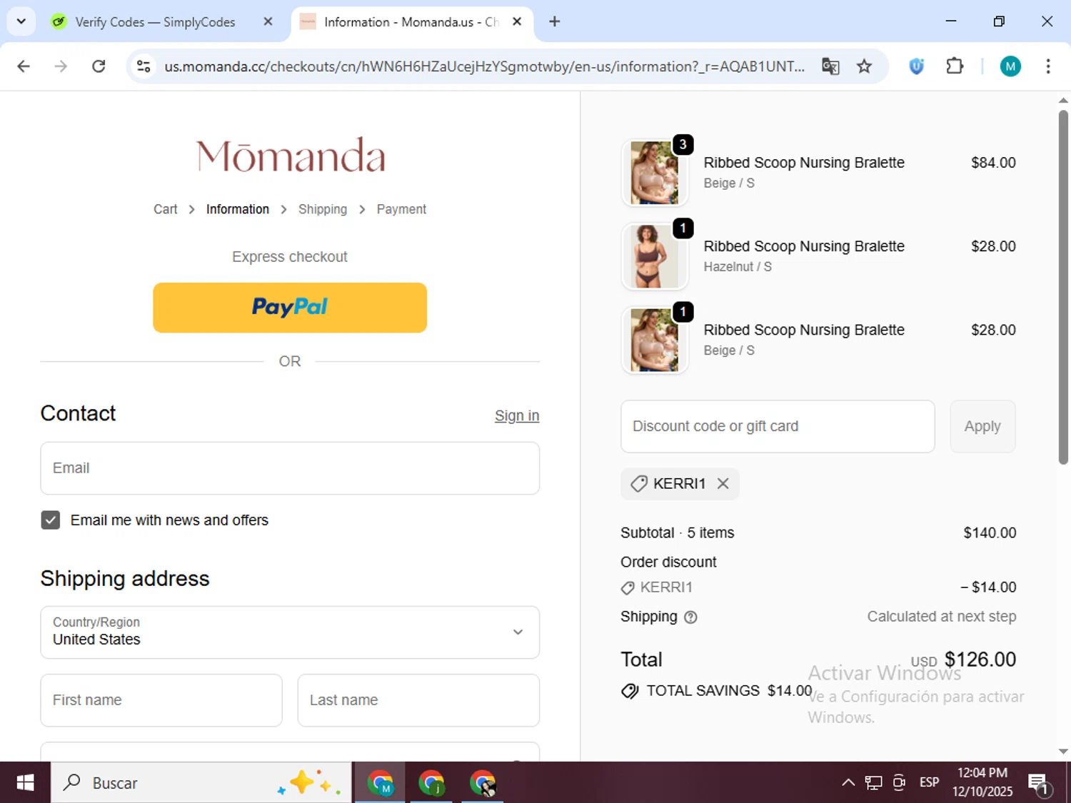 Momanda discount code screenshot showing code Kerri1 applied at Momanda checkout page. Uploaded by SimplyCodes community member estrellaveloz on Dec 10, 2025