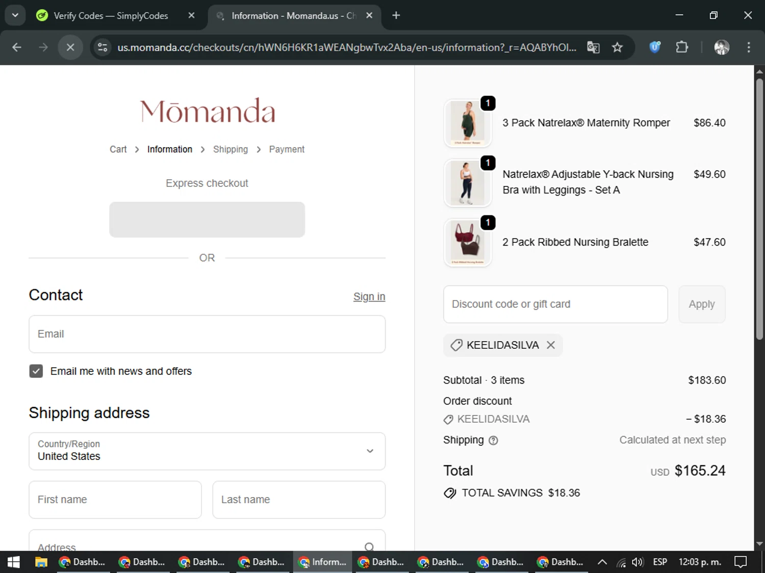 Momanda discount code screenshot showing code KEELIDASILVA applied at Momanda checkout page. Uploaded by SimplyCodes community member CleverLegend6607 on Dec 10, 2025