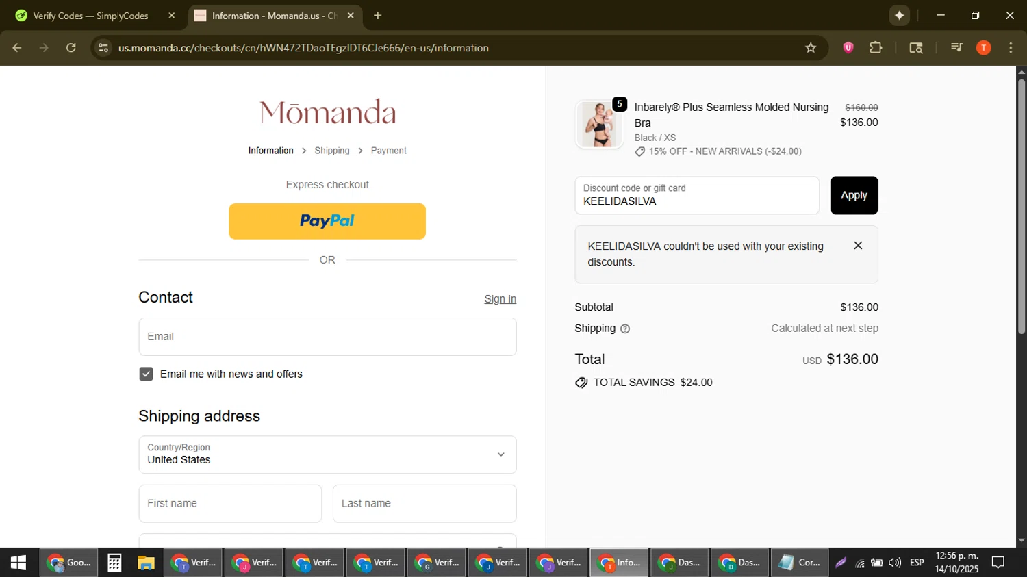 Momanda discount code screenshot showing code KEELIDASILVA applied at Momanda checkout page. Uploaded by SimplyCodes community member ShrewdAce8338 on Oct 14, 2025
