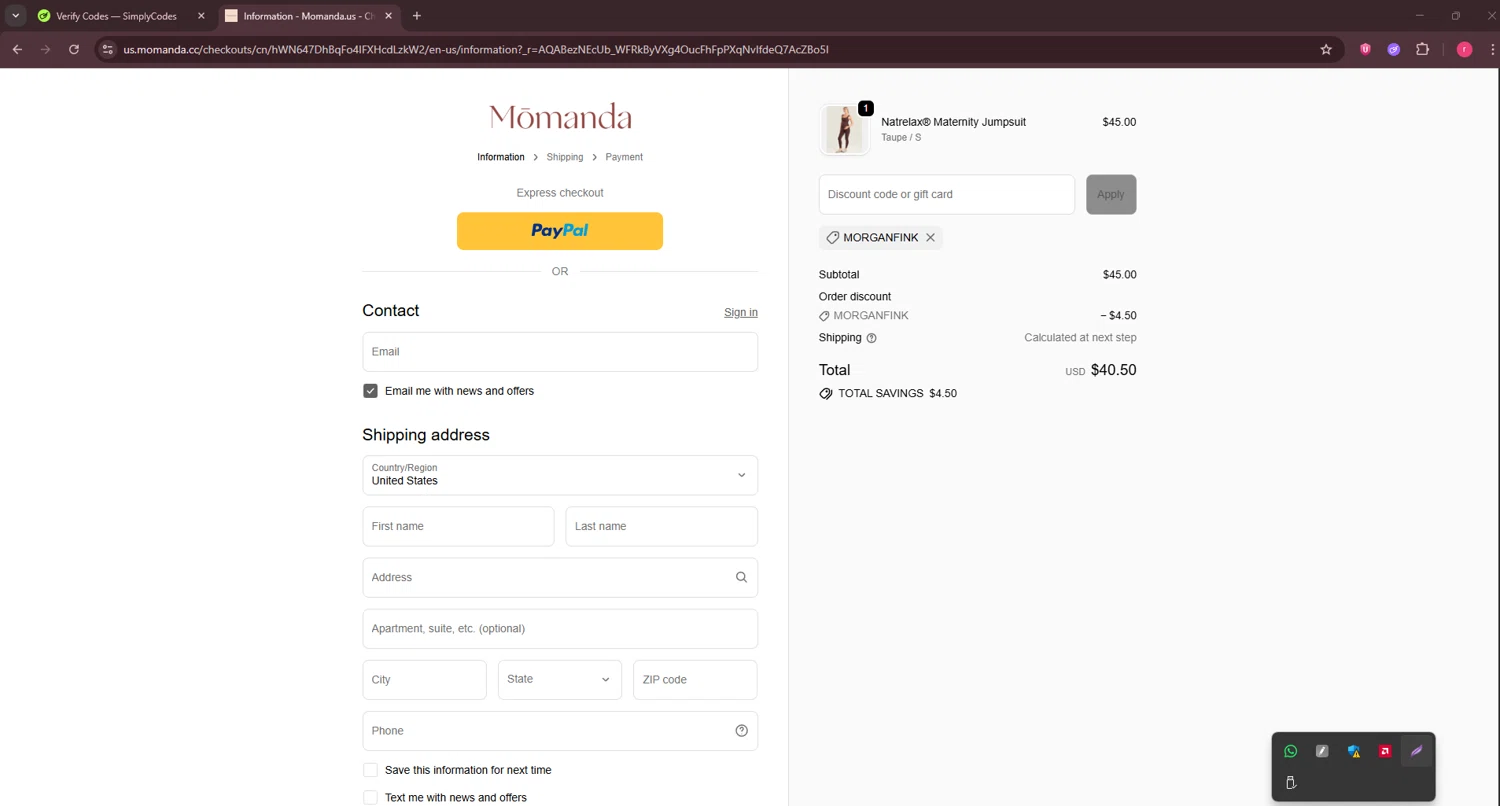 Momanda discount code screenshot showing code MORGANFINK applied at Momanda checkout page. Uploaded by SimplyCodes community member CouponSage7331 on Dec 5, 2025