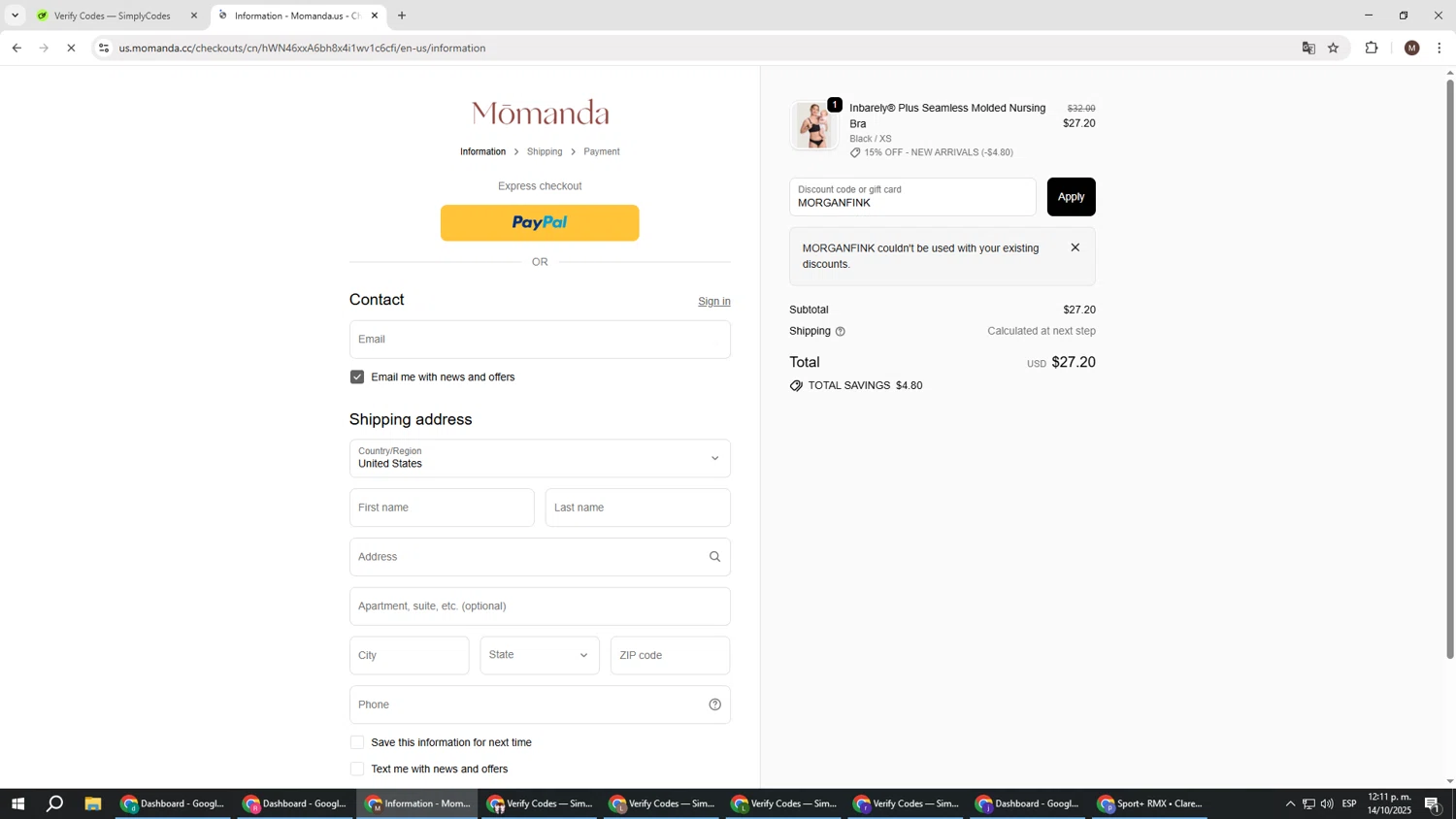 Momanda discount code screenshot showing code MORGANFINK applied at Momanda checkout page. Uploaded by SimplyCodes community member KTMCRF on Oct 14, 2025