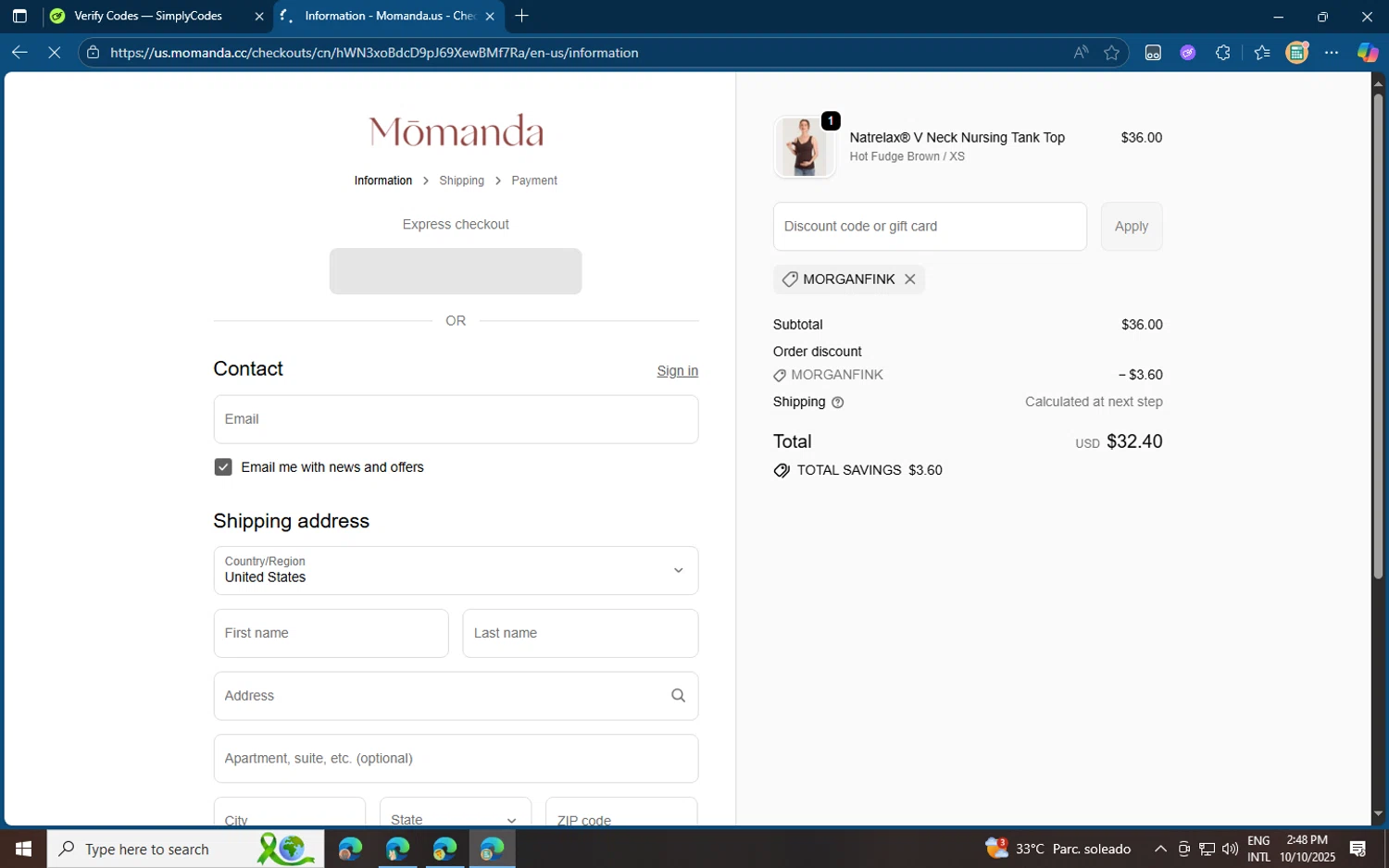 Momanda discount code screenshot showing code MORGANFINK applied at Momanda checkout page. Uploaded by SimplyCodes community member jvllsk3 on Oct 10, 2025