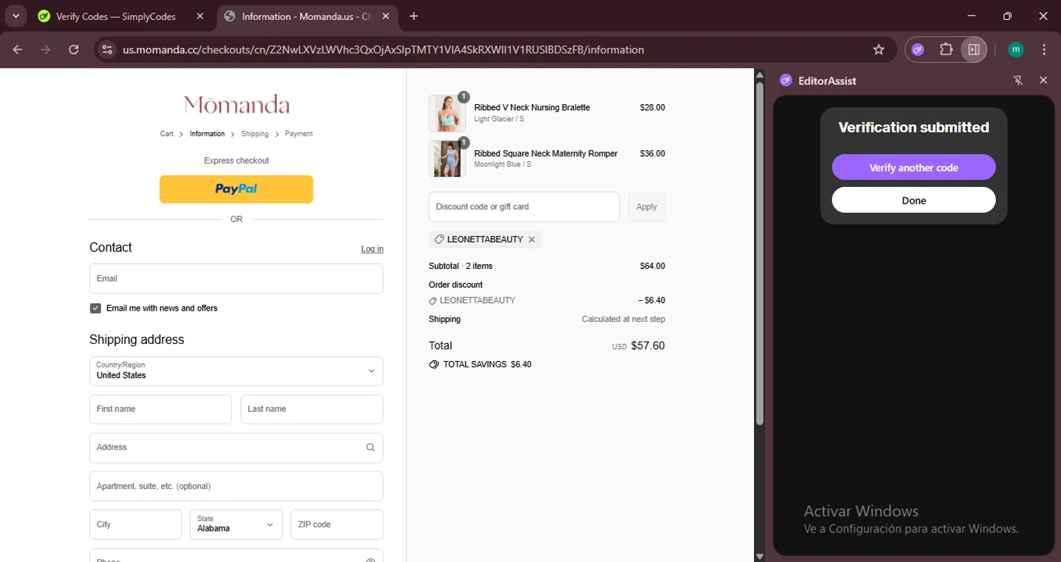 Momanda discount code screenshot showing code LEONETTABEAUTY applied at Momanda checkout page. Uploaded by SimplyCodes community member CrownSpotter4262 on Jul 10, 2025