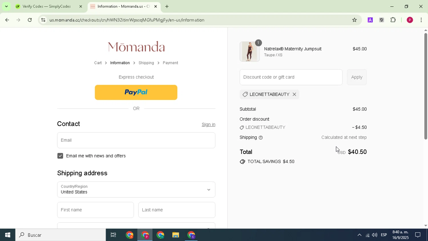 Momanda discount code screenshot showing code LEONETTABEAUTY applied at Momanda checkout page. Uploaded by SimplyCodes community member Paul_Skenes on Sep 16, 2025