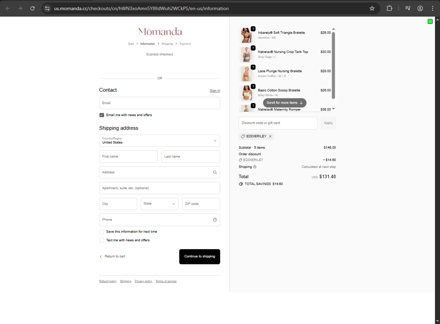 Momanda discount code screenshot showing code EDDIERILEY applied at Momanda checkout page. Uploaded by SimplyCodes community member verify_codes on Oct 10, 2025