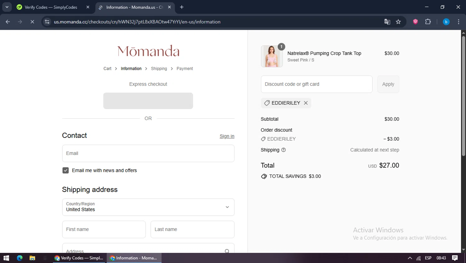 Momanda discount code screenshot showing code EDDIERILEY applied at Momanda checkout page. Uploaded by SimplyCodes community member bilijr on Sep 16, 2025