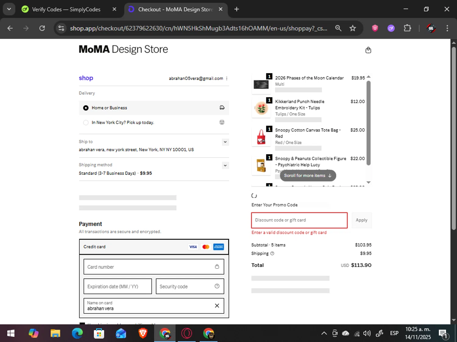 MoMA Store discount code screenshot showing code MOMA25 applied at MoMA Store checkout page. Uploaded by SimplyCodes community member TreasureAdmiral6867 on Nov 14, 2025