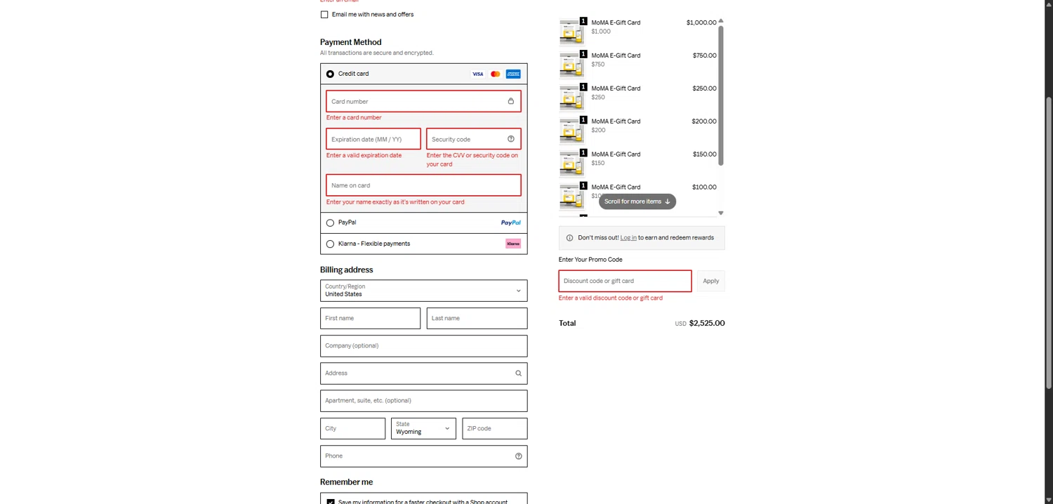 MoMA Store discount code screenshot showing code ROOMGLOW applied at MoMA Store checkout page. Uploaded by SimplyCodes community member MightyMaverick3143 on Dec 10, 2025