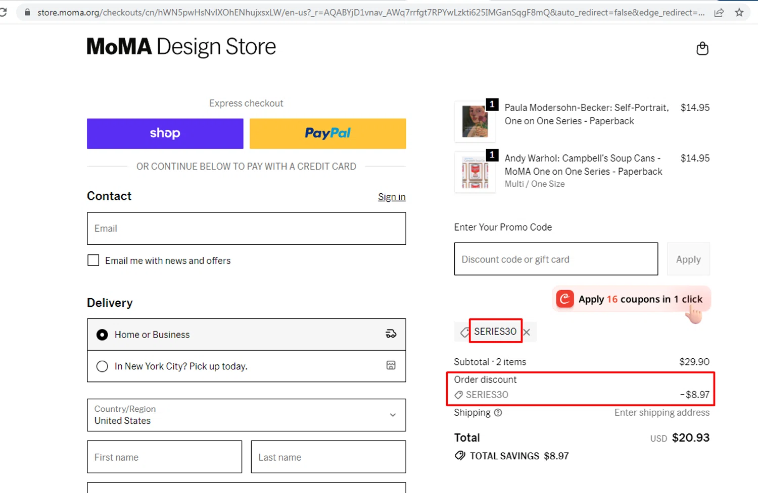 MoMA Store discount code screenshot showing code SERIES30 applied at MoMA Store checkout page. Uploaded by SimplyCodes community member nileskamarcano on Nov 29, 2025
