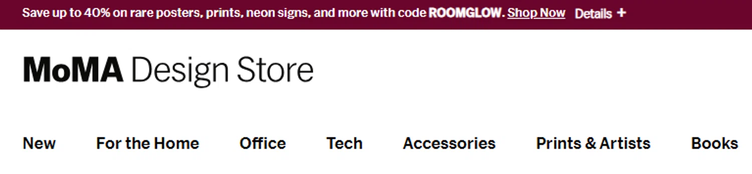 MoMA Store discount code screenshot showing code ROOMGLOW applied at MoMA Store checkout page. Uploaded by SimplyCodes community member valeriaantonieta on Dec 9, 2025