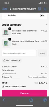WELCOME80 coupon verification screenshot