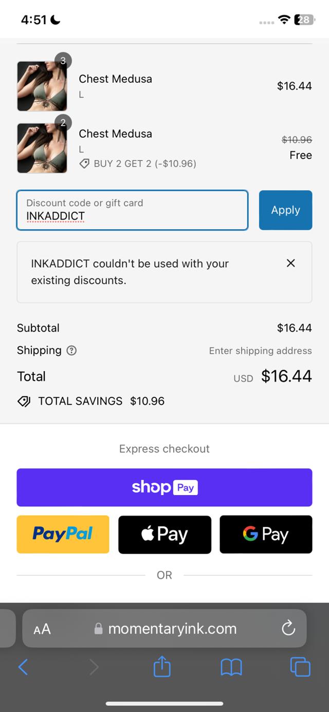 Momentary Ink checkout page showing Momentary Ink promo code box | Screenshot taken by SimplyCodes community member on Feb 28, 2024