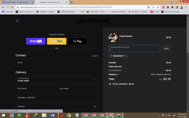 Momentary Ink checkout page showing Momentary Ink promo code box | Screenshot taken by SimplyCodes community member on Mar 27, 2024