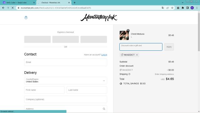 Momentary Ink checkout page showing Momentary Ink promo code box | Screenshot taken by SimplyCodes community member on Feb 20, 2024