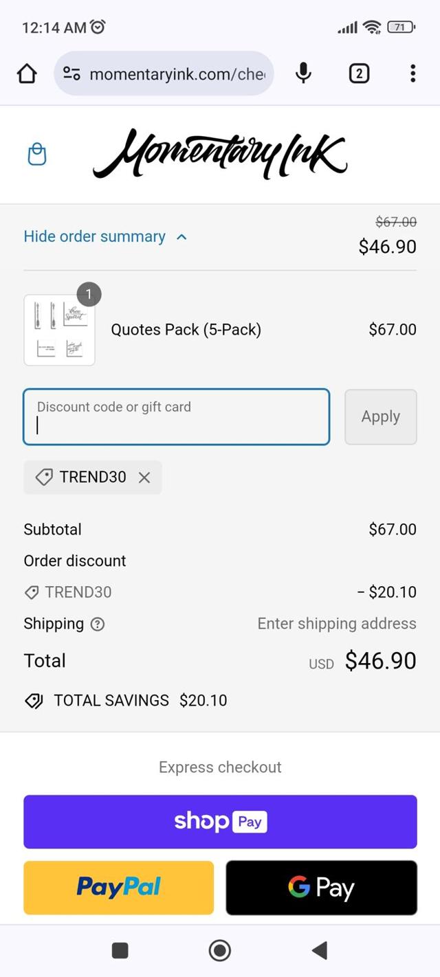 Momentary Ink checkout page showing Momentary Ink promo code box | Screenshot taken by SimplyCodes community member on Mar 6, 2024