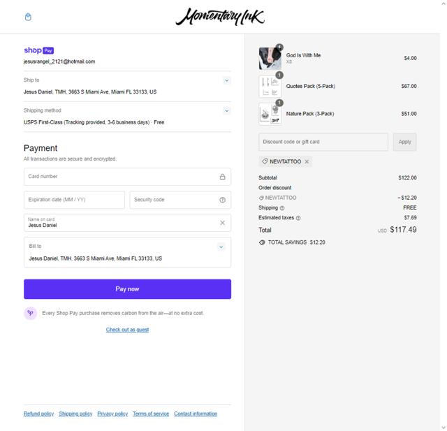 Momentary Ink checkout page showing Momentary Ink promo code box | Screenshot taken by SimplyCodes community member on Mar 7, 2024