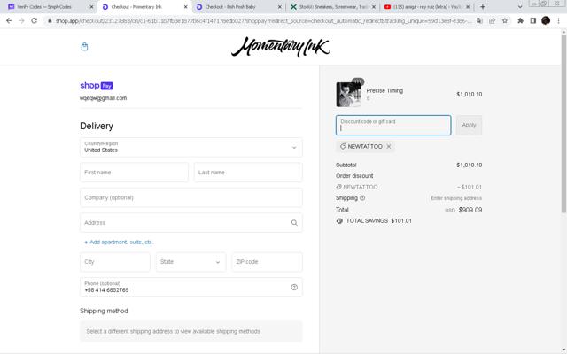 Momentary Ink checkout page showing Momentary Ink promo code box | Screenshot taken by SimplyCodes community member on Feb 1, 2024