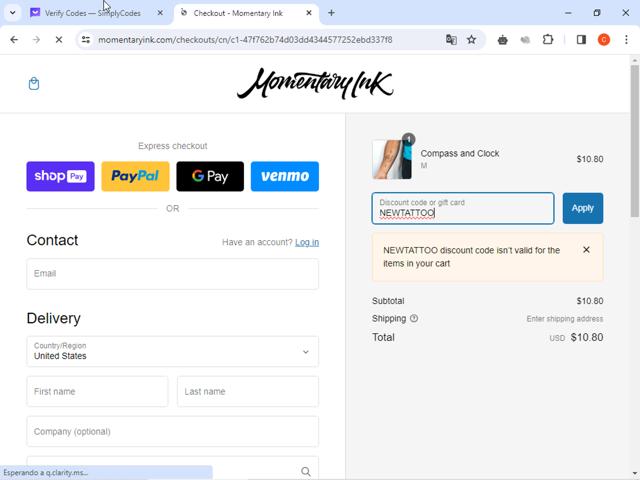 Momentary Ink checkout page showing Momentary Ink promo code box | Screenshot taken by SimplyCodes community member on Feb 19, 2024