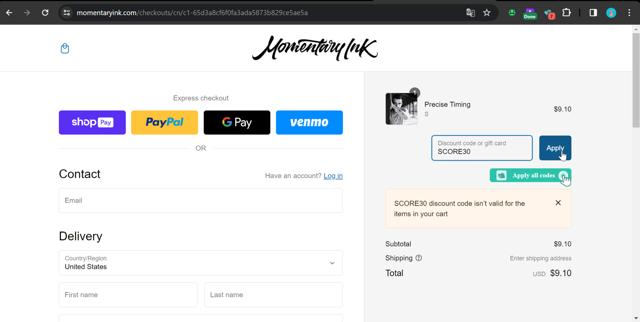 Momentary Ink checkout page showing Momentary Ink promo code box | Screenshot taken by SimplyCodes community member on Feb 2, 2024