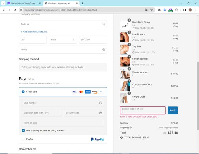 Momentary Ink checkout page showing Momentary Ink promo code box | Screenshot taken by SimplyCodes community member on Feb 20, 2024