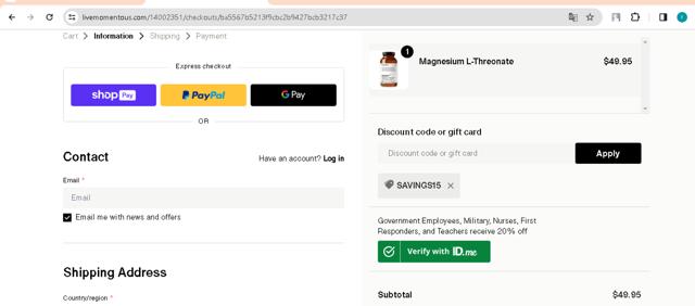 Momentous checkout page showing Momentous discount code box | Screenshot taken by SimplyCodes community member on Apr 5, 2024
