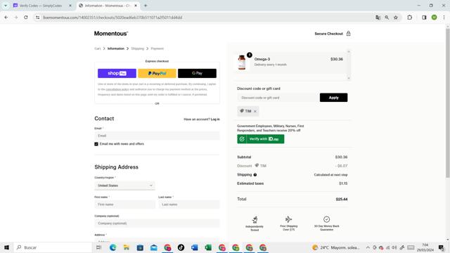 Momentous checkout page showing Momentous discount code box | Screenshot taken by SimplyCodes community member on Mar 29, 2024