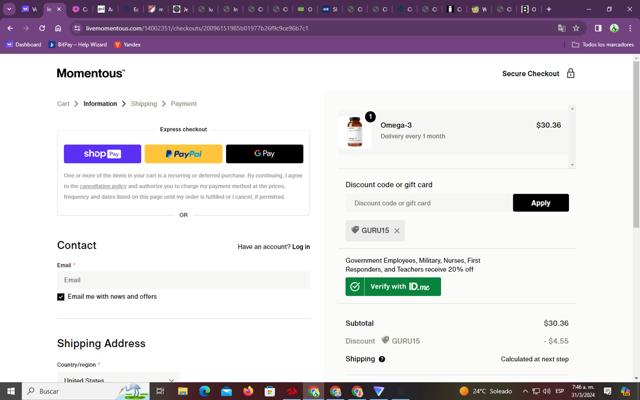 Momentous checkout page showing Momentous discount code box | Screenshot taken by SimplyCodes community member on Mar 31, 2024