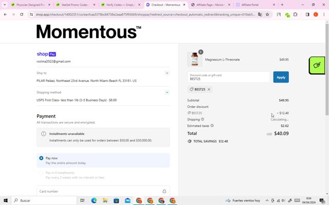 Momentous checkout page showing Momentous discount code box | Screenshot taken by SimplyCodes community member on Apr 4, 2024