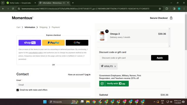 Momentous checkout page showing Momentous discount code box | Screenshot taken by SimplyCodes community member on Apr 7, 2024